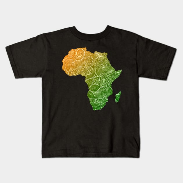 Colorful mandala art map of Africa with text in green and orange Kids T-Shirt by Happy Citizen